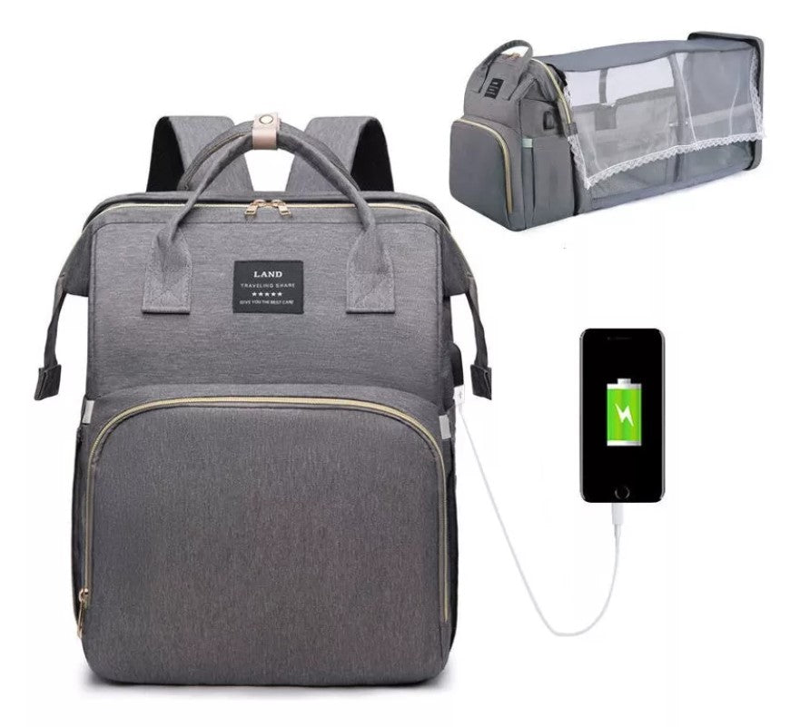 Mochila Pañalera, Cuna y mudador 3en1 Gris