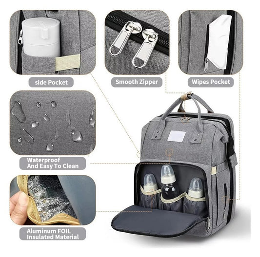 Mochila Pañalera, Cuna y mudador 3en1 Gris
